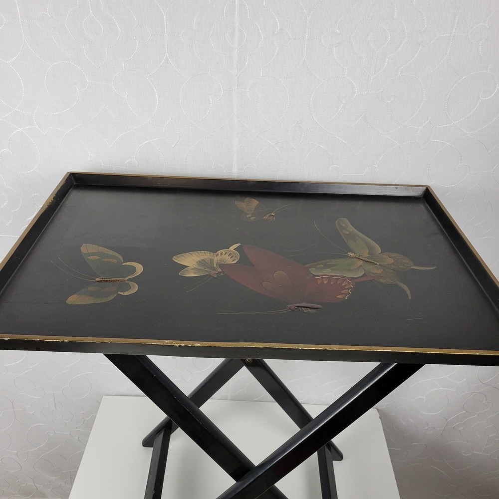 Vintage Butterfly Wood Serving Tray with Stand Black Handpainted Asian